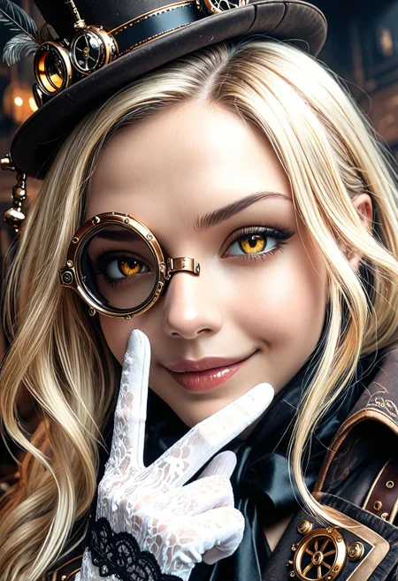 SmoothNoob_Quality, steampunk. portrait, 1girl, face close-up, yellow eyes, thick lineart, sharp edges, cel shading, linear hatching, film grain, high contrast, duotone, (monocle:1.2), mini top hat, smug, lace gloves, white gloves, gold trim, finger to mouth, <lora:Smooth_SteamPunk:0.8> <lora:Smooth_Booster_v3:0.5>