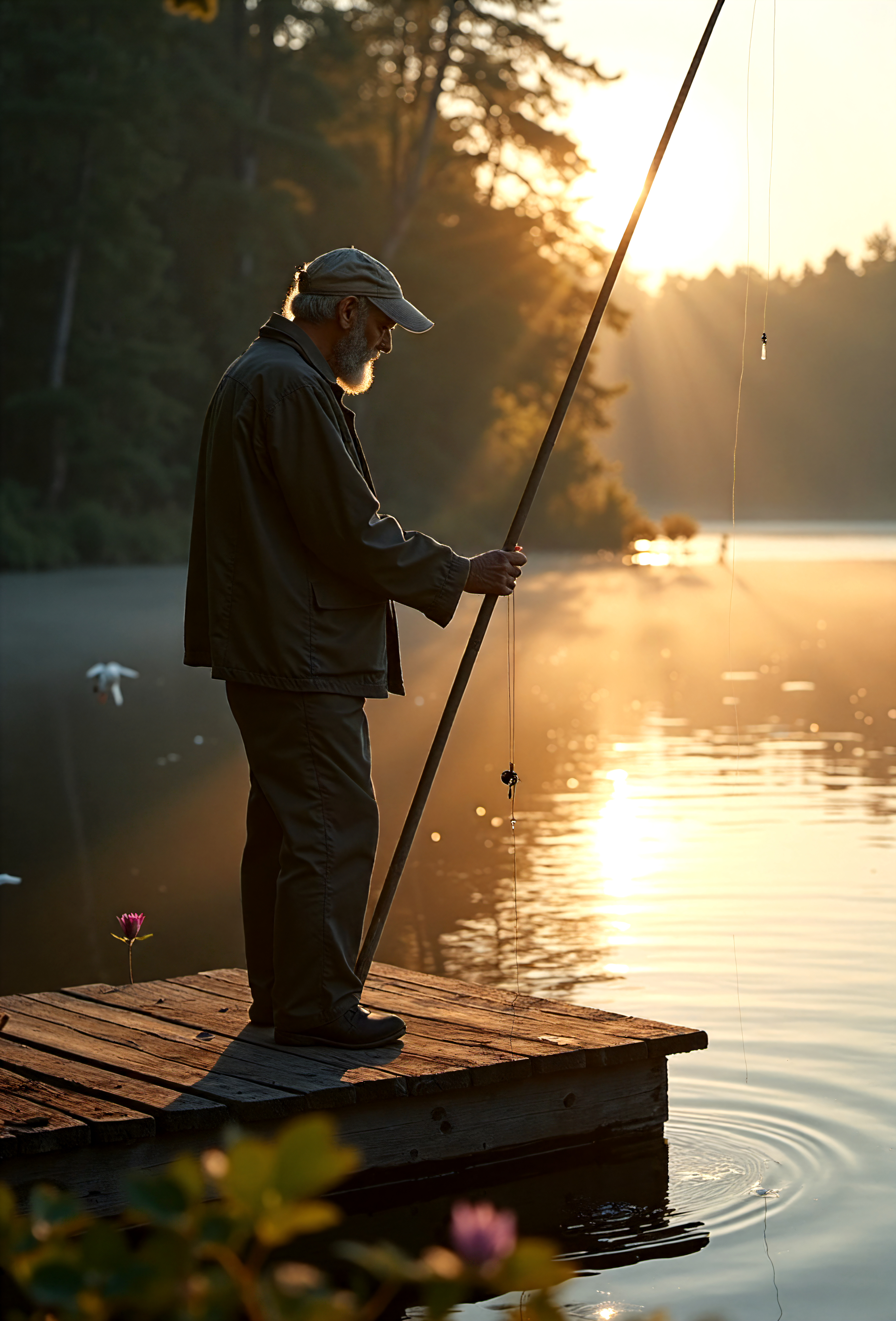 cinematic photo close-up photograph, an old fisherman standing on a wooden-pier, holding a cane-fishing pole, worn and weathered wooden-pier,serene lake next to the woods, it is dawn and the early morning sun casts its reflection on the lake waters,quiet,peaceful,majestic,(close focus on fisherman),rustic, quaint, enduring,tranquil,birds, lilies, leaves, nature elements . 35mm photograph, film, bokeh, professional, 4k, highly detailed . embedding:EZRealPONYXL,