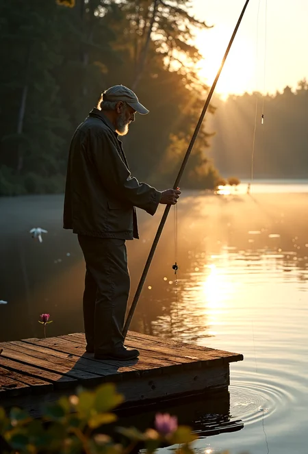 cinematic photo close-up photograph, an old fisherman standing on a wooden-pier, holding a cane-fishing pole, worn and weathered wooden-pier,serene lake next to the woods, it is dawn and the early morning sun casts its reflection on the lake waters,quiet,peaceful,majestic,(close focus on fisherman),rustic, quaint, enduring,tranquil,birds, lilies, leaves, nature elements . 35mm photograph, film, bokeh, professional, 4k, highly detailed . embedding:EZRealPONYXL,