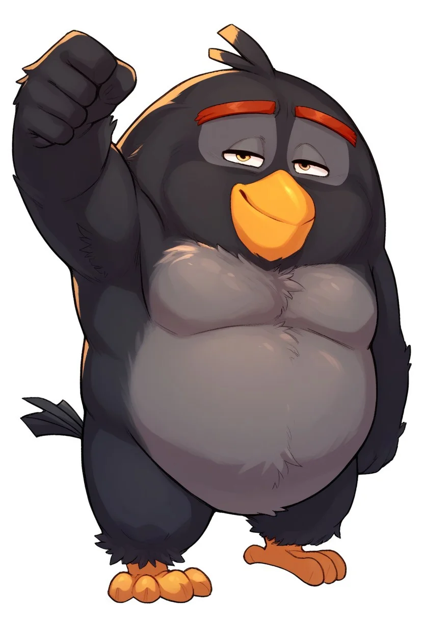 bomb_bird, b4n4n4d4b0i, angry birds, score_9, score_8_up, score_7_up, score_6_up, score_5_up, score_4_up, source_furry, hi res, sfw, solo, 2D artwork.
black avian, black plumage, large size, spherical body, grey belly, chubby, beak, head tuft, red eyebrows, short beak, large beak, feathered hands, winged arms, stubby legs. small eyes.

White background, standing, smile, full body, thumb up, looking at viewer