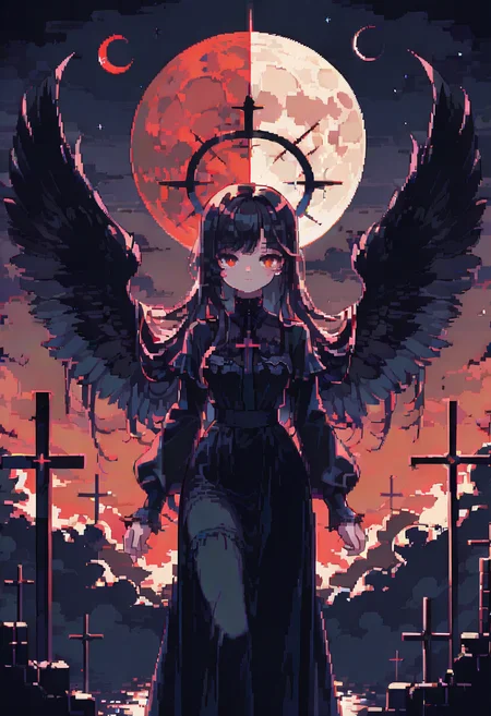 dpa,pixel art, 1girl, solo, halo, long hair, red eyes, wings, cross, dress, black hair, moon, black dress, black wings, looking at viewer, long sleeves