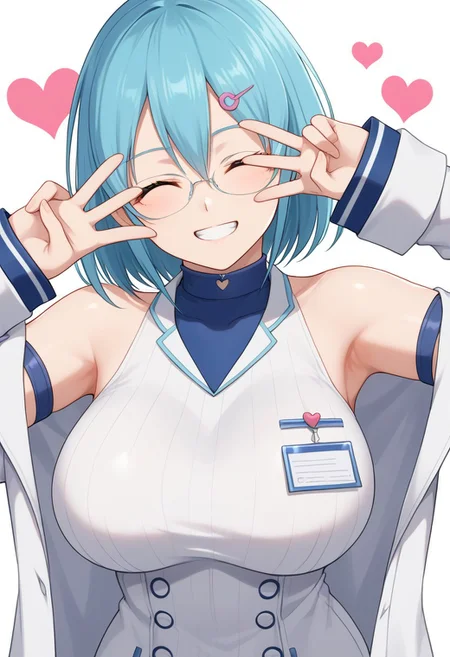 score_9, score_8_up, score_7_up, source_anime, (nsfw:1.0), BREAK,
1girl, solo, nico, /(dead or alive)/, (large breasts), blue hair, hair ornament, green eyes, glasses,
choker, white shirt, collarbone, turtleneck, detached sleeves, bare shoulders, sleeveless, labcoat,
smile, closed eyes, teeth,
v sign, hands near by own face,
angle:random, (face shot), (close up face),
graduation background, (heart background), pop style background,