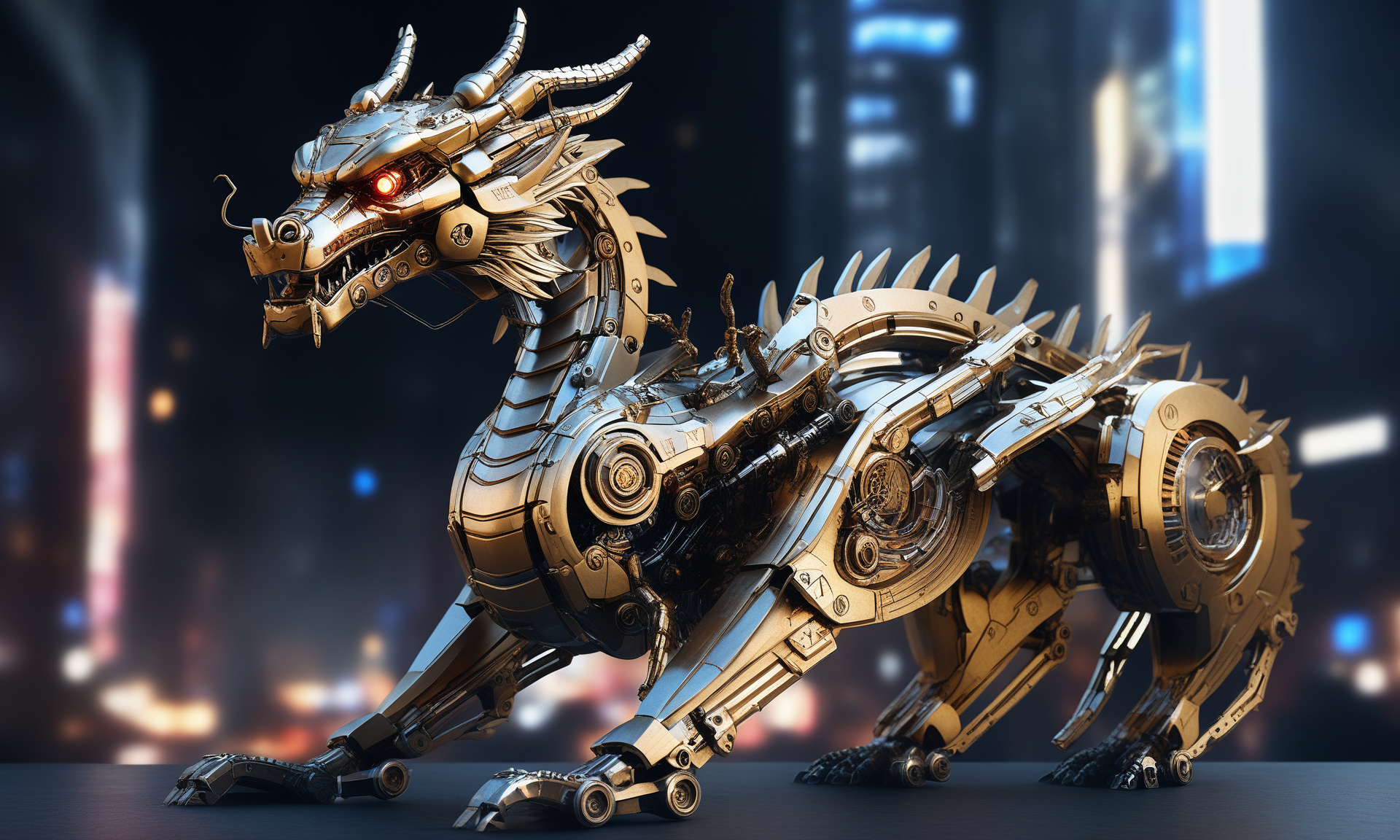 <lora:mechcd_xl-000007:0.8>,a (mechcd_xl,mech,cyberpunk,shiny,glowing,mechanical parts,joints,military) chinese dragon,gold theme,no humans,solo,long-focus,tilt-shift,outdoors,full body,cityscape,at night,dim light,glowing eyes,science fiction,dystopian,futuristic,intricate,chinese zodiac,still life,front view,facing viewer,looking at viewer, emotional,harmonious,high budget,moody,epic,gorgeous,perfect lighting,realistic,photorealistic,photographic,photo (medium),real,moody lighting,volumetric lighting,reality ray tracing,8K,HDR,UHD,masterpiece,best quality,highly detailed,high resolution,finely detail,extremely detailed,ultra detailed,wallpaper