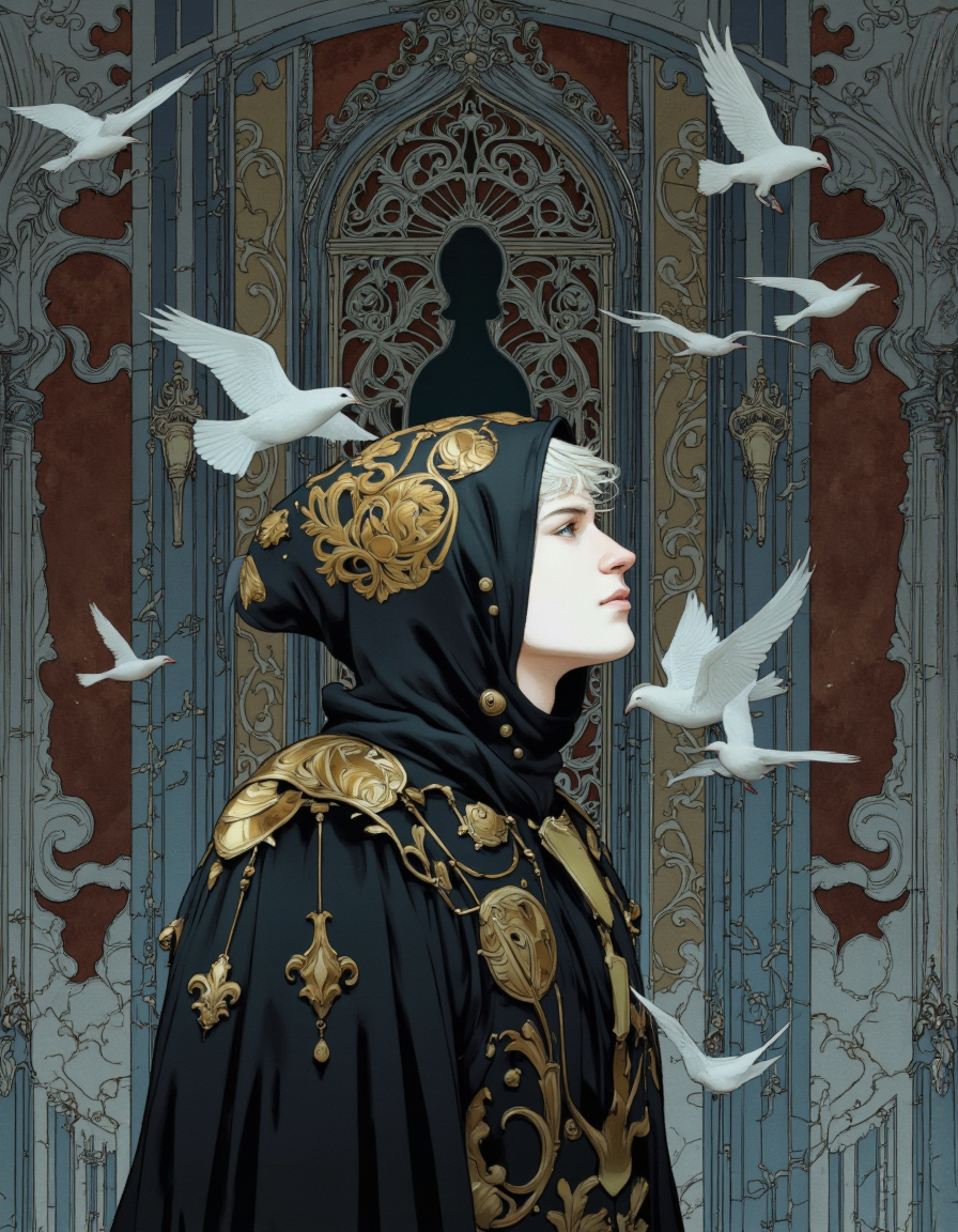 A digital illustration shoot from a profile camera angle about a male character in a hooded cloak, surrounded by birds, set against a detailed architectural background. the image also shows a male figure in the middle of the image, who appears to be a young adult, with light skin, white hair, and blue eyes, wearing a dark, ornate black cloak with gold accents. the character is standing in profile, looking up at the sky with a serious expression. on the upper body of the character, the male figure is positioned in the center of the frame, with his upper body facing the viewer. he has a slim body, and is wearing a black hooded jacket with intricate gold designs. the background features a detailed, old-fashioned architectural pattern with a keyhole and several birds flying around, creating a sense of movement and adventure. the overall style is reminiscent of comic book art, with bold lines and a dark color palette, giving the image a fantasy feel.