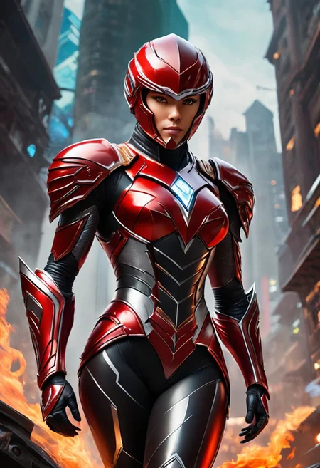 The Red Power Ranger, helmet is a shining crimson piece, designed with sleek contours resembling the streamlined head of an orangutan. Its glossy black visor adds a touch of elegance, while the mouthpiece is crafted to mimic the strong jawline of the orangutan. The vibrant scarlet costume features intricate patterns inspired by the natural markings of the Pongo pygmaeus. The chest plate, a protective piece, mirrors the sturdy chest of the orangutan, with the iconic white diamond standing out prominently. Tight-fitting sleeves cover the arms, while the gloves are reinforced with silver-accented padding and a sleek buckle for the Morpher. The legs are clad in the same vibrant red fabric, and the sturdy boots, adorned with silver accents, provide additional reinforcement. cyberpunk art style, Shounen Anime Style, cyberpunk chaotic city background in fire and smokes, full--body, highly--detailed, bokeh--focus, soft Analogous colors, extremely wide-angle, FastNegativeV2, <lora:fightingpose:0.7> fighting pose