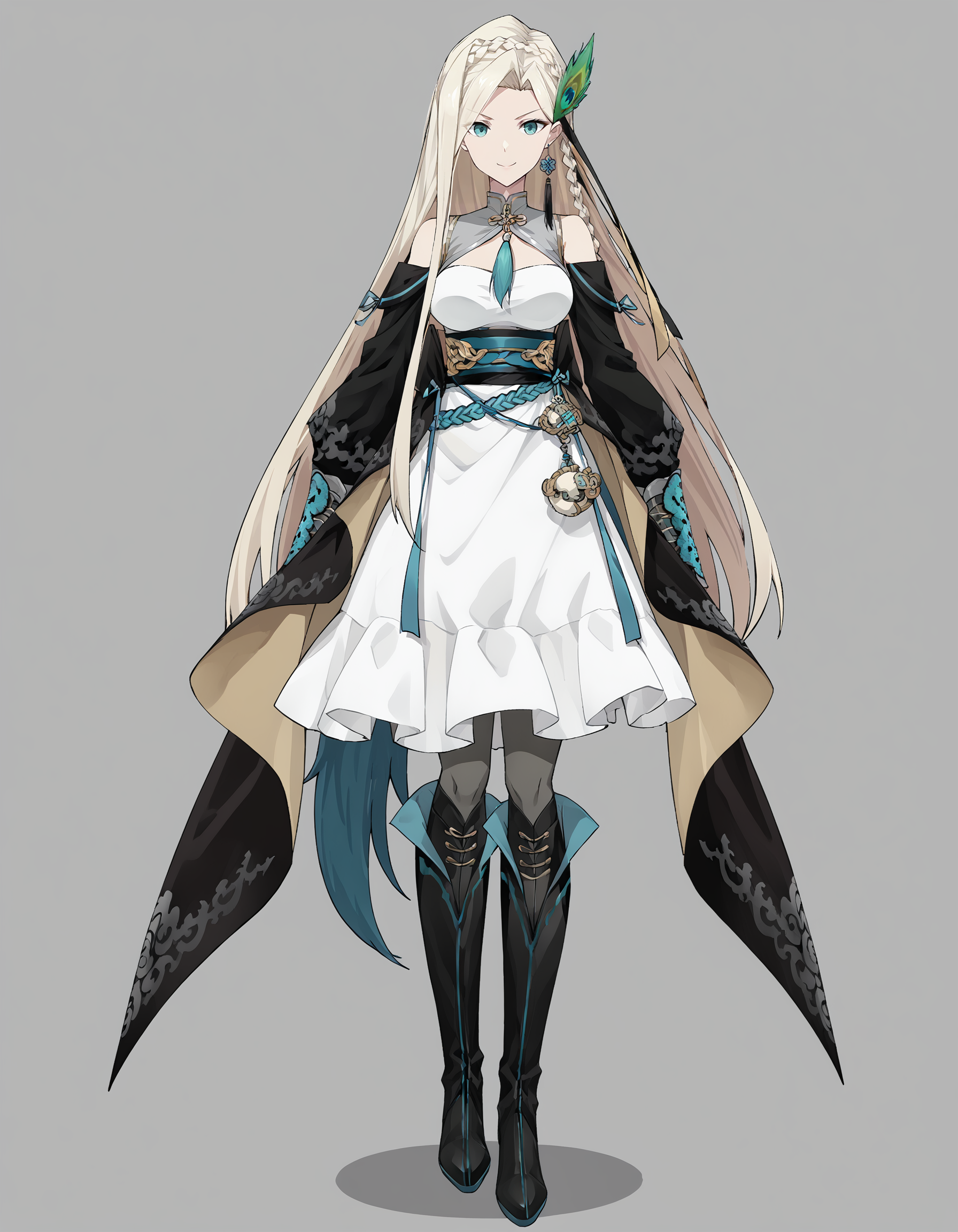 score_9,score_8_up,score_7_up,<lora:heerwei_pony:0.8>,heerwei,1girl,solo,long hair,boots,blonde hair,dress,white background,simple background,black footwear,full body,white dress,braid,looking at viewer,knee boots,hair ornament,bare shoulders,yangmaoqiu,pantyhose,long sleeves,very long hair,earrings,watch,jewelry,pocket watch,bangs,multicolored hair,breasts,smile,black pantyhose,closed mouth,arms at sides,roman numeral,standing,<lora:Anime_Screencap:1>,anime screencap,cinematic_angle,