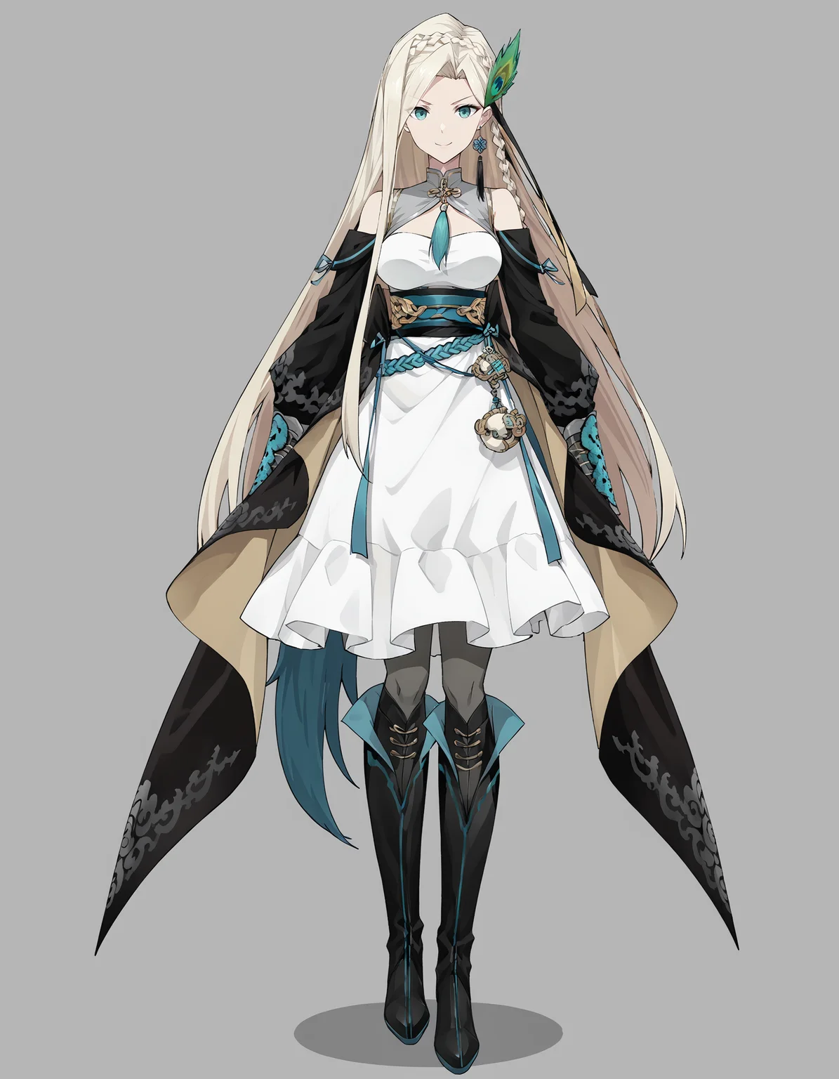 score_9,score_8_up,score_7_up,<lora:heerwei_pony:0.8>,heerwei,1girl,solo,long hair,boots,blonde hair,dress,white background,simple background,black footwear,full body,white dress,braid,looking at viewer,knee boots,hair ornament,bare shoulders,yangmaoqiu,pantyhose,long sleeves,very long hair,earrings,watch,jewelry,pocket watch,bangs,multicolored hair,breasts,smile,black pantyhose,closed mouth,arms at sides,roman numeral,standing,<lora:Anime_Screencap:1>,anime screencap,cinematic_angle,