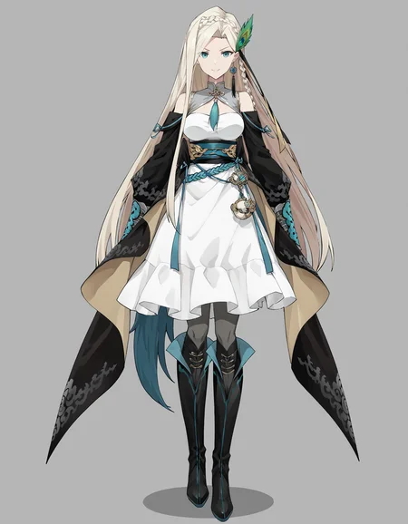score_9,score_8_up,score_7_up,<lora:heerwei_pony:0.8>,heerwei,1girl,solo,long hair,boots,blonde hair,dress,white background,simple background,black footwear,full body,white dress,braid,looking at viewer,knee boots,hair ornament,bare shoulders,yangmaoqiu,pantyhose,long sleeves,very long hair,earrings,watch,jewelry,pocket watch,bangs,multicolored hair,breasts,smile,black pantyhose,closed mouth,arms at sides,roman numeral,standing,<lora:Anime_Screencap:1>,anime screencap,cinematic_angle,