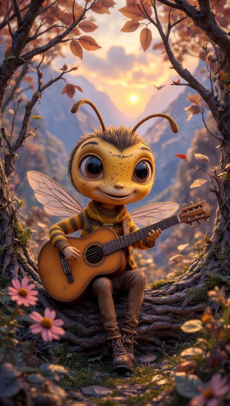 <lora:Cute_Collectibles.safetensors:1>
In a mystical forest, bathed in the soft, ethereal glow of a twilight sky, an anthropomorphic bee resides, strumming an acoustic guitar. The bee, a figure of whimsical charm, wears a striped tunic in warm, earthy tones and brown pants, complementing the rustic aesthetic of the scene. The forest around them is a tapestry of delicate, intertwined branches, leaves, and vines, each element painted with soft, intricate brushstrokes that capture the fine details of nature. The colors blend seamlessly from deep golds and rosy pinks to cool violets and twilight blues, creating a luminous, atmospheric gradient.
The bee, an adult with a gently weathered face and vibrant, sparkling eyes, sits on a moss-covered log, their wings glistening with a subtle iridescence. The guitar in their hands is a masterpiece of craftsmanship, its wood grain and strings rendered with meticulous precision, reflecting the warm, ambient light. A gentle, golden hue spills through the gaps in the canopy, casting a serene, tender glow that enhances the scene's ethereal quality.
The mountainous backdrop, shrouded in a veil of mist, adds a sense of grandeur and infinity, while the soft, cloudy sky above diffuses the light, creating a tranquil, otherworldly atmosphere. The bee's presence, enveloped in this serene environment, evokes a sense of profound connection and infinite wonder, a visual harmony of serenity and natural beauty.