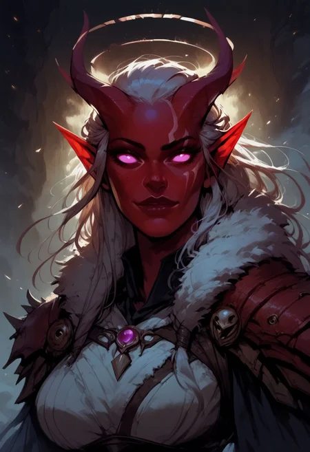 score_9, score_8_up, score_7_up, BREAK,
1girl, portrait, beautiful, tiefling shaman, white hair, (long hair:1.3), side bangs, horns, animal fur robes, fur armor, crimson  red skin, pink eyes, glowing eyes, (smug:0.85), (big breast:1.25), dramatic lights
<lora:Fant5yP0ny:0.6> <lora:fantasy_world_pony:0.9> <lora:Cherry-Gig:0.55>, (halo)