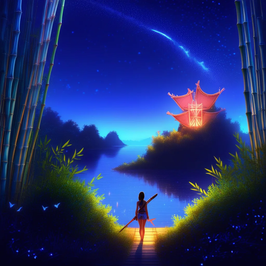 tower, starry sky, bamboo, 1girl, horizon, watercraft, holding, weapon on back, standing, animal focus, blue butterfly, glowing, coral, blurry, from behind, sitting, bush, night