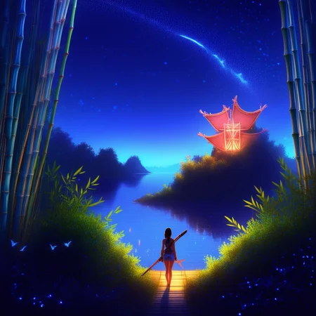 tower, starry sky, bamboo, 1girl, horizon, watercraft, holding, weapon on back, standing, animal focus, blue butterfly, glowing, coral, blurry, from behind, sitting, bush, night