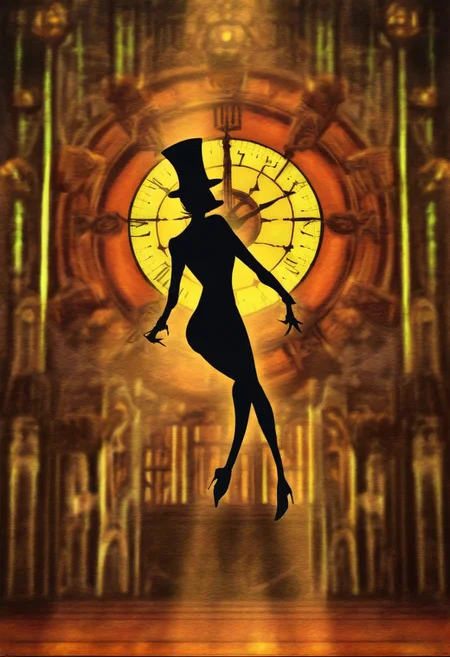 silhouette of a dancing puppet against the background of a large clock tower