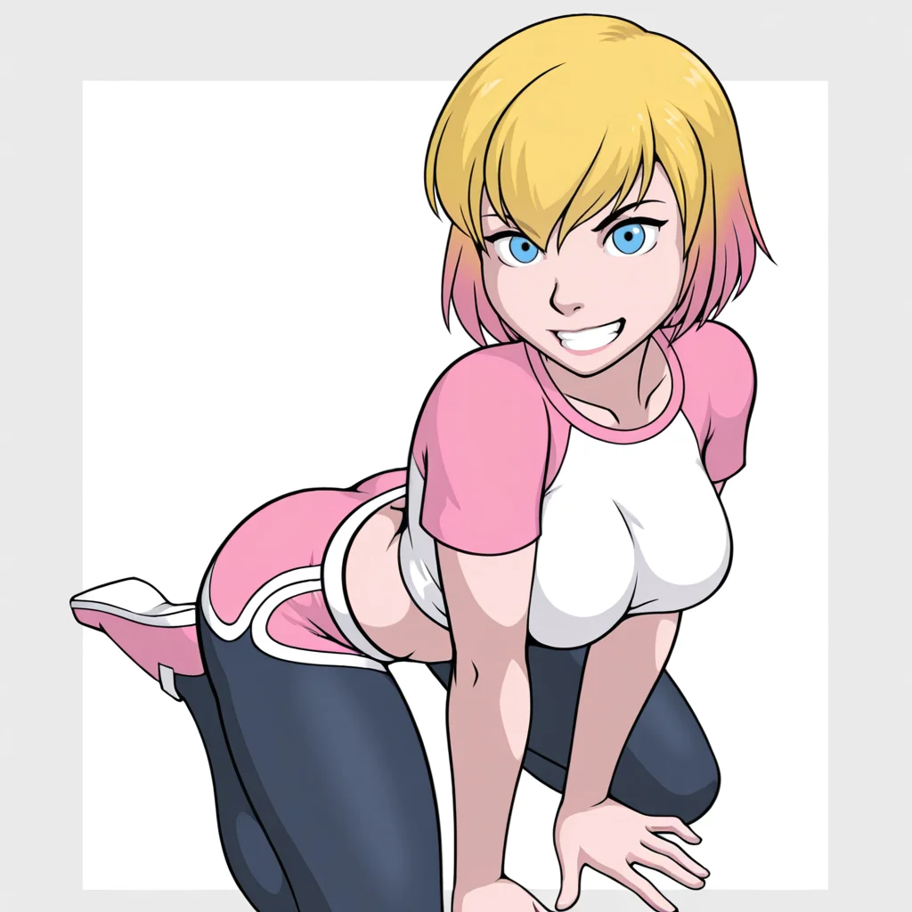 <lora:gwenpool_rle_il:0.85> gwenpool_rle, 1girl, solo, multicolored blonde and pink hair, artist:oni_rle, blue eyes, white and pink raglan t-shirt, pink shorts with white trim, dark blue tights, cowboy shot, simple white background, grin, kneeling,