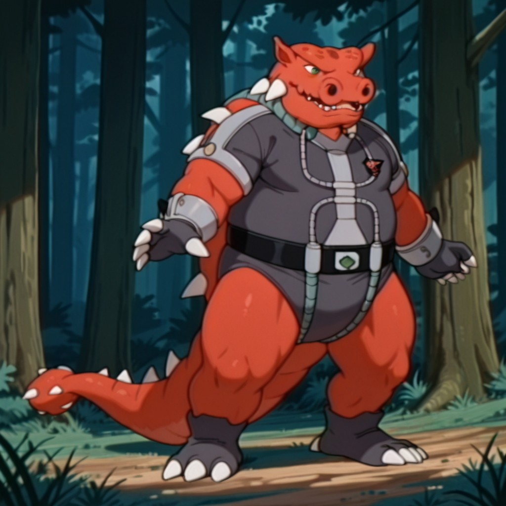 masterpiece, best quality, amazing quality, AnkyloDsil, anthro, male, Ankylosaurus, red skin, white spikes, green eyes, dark grey bodysuit, grey trim, black belt, dark grey boots, dark grey fingerless gloves, grey wristbands, solo, outdoors, nature, grass, forest, standing, full body, solo, <lora:8fdfd2ed-789f-4bb4-8413-d6f8985aa1a5:1.0>
