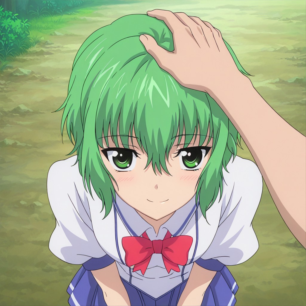 masterpiece, best quality, amazing quality, very aesthetic, absurdres, newest, scenery, best quality, anime coloring, koroneww, green eyes, green hair, short hair, bangs, hair between eyes, school uniform, red bowtie, white school shirt, short sleeves, blue pleated skirt, anime_screencap, face focus, pov, headpat, cute smile, smile, looking at viewer, :), kiss on forehead