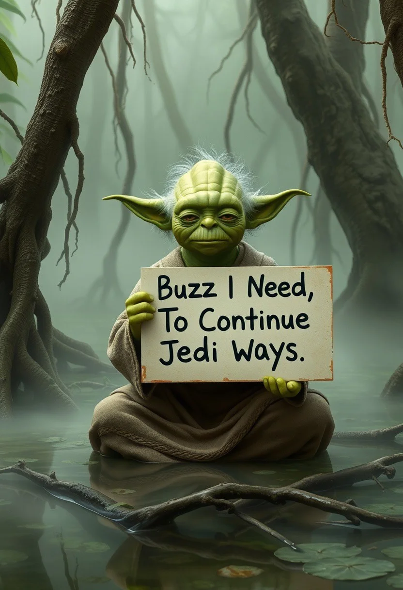 Yoda in a swamp on Dagobah, holding a sign that reads “Buzz, I Need, To Continue Jedi Ways.” He’s meditative, with dense swampy fog and twisted tree roots surrounding him.
