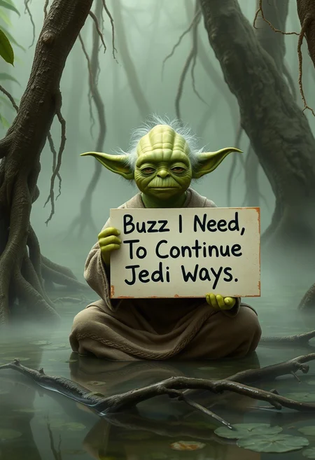 Yoda in a swamp on Dagobah, holding a sign that reads “Buzz, I Need, To Continue Jedi Ways.” He’s meditative, with dense swampy fog and twisted tree roots surrounding him.