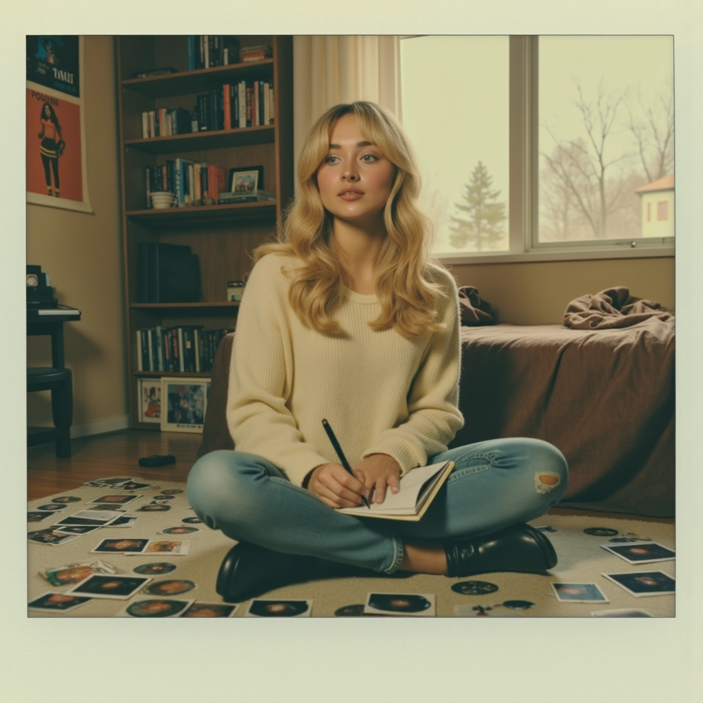 Faded Polaroid Photo, analog film photo A blonde teenager with a relaxed expression sits on her bedroom floor in the late afternoon, surrounded by posters, CDs, and Polaroid photos. She wears a cozy oversized sweater and jeans, sketching in a notebook under soft window light. Captured on a Polaroid Spectra camera, warm tones, faded highlights, slightly out-of-focus edges, with handwritten captions scribbled onto the Polaroids. The room feels personal and lived-in, a nostalgic 90s vibe full of quiet creativity.<lora:Sabrina Carpenter-v1:1> s4br1n4c, pop idol, petite blond . faded film, desaturated, 35mm photo, grainy, vignette, vintage, Kodachrome, Lomography, stained, highly detailed, found footage, analog, old faded photo, old polaroid, RAW candid cinema, 16mm, color graded portra 400 film, remarkable color, ultra realistic, textured skin, remarkable detailed pupils, realistic dull skin noise, visible skin detail, skin fuzz, dry skin, shot with cinematic camera