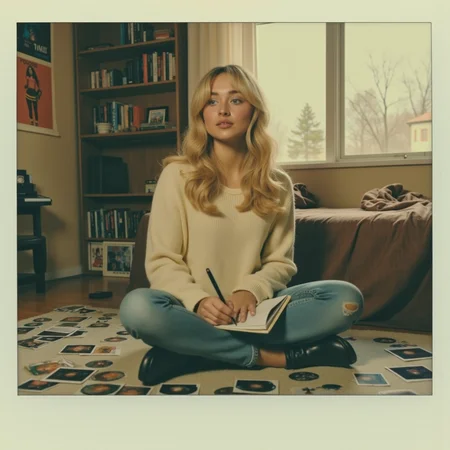 Faded Polaroid Photo, analog film photo A blonde teenager with a relaxed expression sits on her bedroom floor in the late afternoon, surrounded by posters, CDs, and Polaroid photos. She wears a cozy oversized sweater and jeans, sketching in a notebook under soft window light. Captured on a Polaroid Spectra camera, warm tones, faded highlights, slightly out-of-focus edges, with handwritten captions scribbled onto the Polaroids. The room feels personal and lived-in, a nostalgic 90s vibe full of quiet creativity.<lora:Sabrina Carpenter-v1:1> s4br1n4c, pop idol, petite blond . faded film, desaturated, 35mm photo, grainy, vignette, vintage, Kodachrome, Lomography, stained, highly detailed, found footage, analog, old faded photo, old polaroid, RAW candid cinema, 16mm, color graded portra 400 film, remarkable color, ultra realistic, textured skin, remarkable detailed pupils, realistic dull skin noise, visible skin detail, skin fuzz, dry skin, shot with cinematic camera