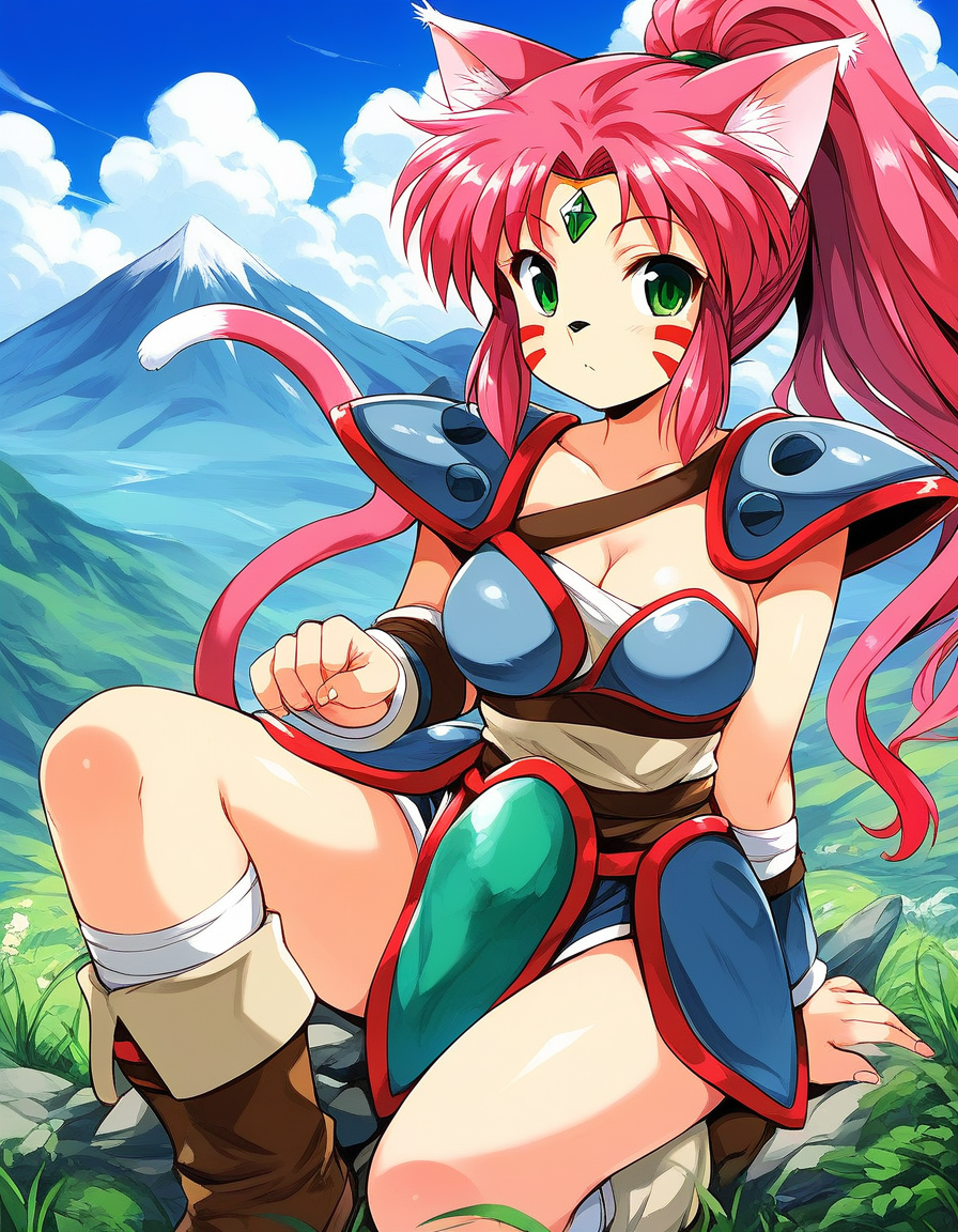 score_9, score_8_up, score_7_up, source_anime, rating_explicit, BREAK  <lora:Ryuquir_XL:1> Ryuquir, animal ears, tail, cat ears, facial mark, cat tail, green eyes, ponytail, red hair, long hair, pink hair, cat girl, breasts, forehead jewel, green jewel,
mountain, sky,
 shoulder armor, solo, weapon, armor,  furry, brown hair, grass, dagger, boots, looking at viewer, outdoors, fingernails,  shoulder pads,