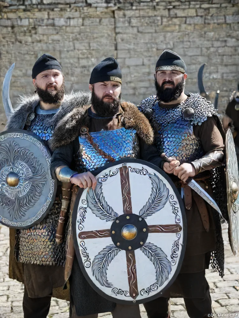 dacian warrior, phrygian cap, falx (weapon), dacian shield, black hair, hat, holding, weapon, male focus, multiple boys, sword, armor, copyright name, facial hair, 3boys, knife, beard, shield, dagger, chainmail, masterpiece photography,8k <lora:dacii:1>