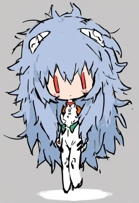 score_4,score_5,score_6,score_7_up,score_8_up,score_9 ((masterpiece,best quality,ultra detailed,highres,HD,4k:1.2)),
1 girl,solo,face focus,
chibi,full body,deformed,| |,
ayanami_rei,rei ayanami, blue hair, ((long hair, Messy Hair:1.2)),red eyes, head gear,
bodysuit, headgear, plugsuit, neon_genesis_evangelion, white bodysuit,
closed mouth,blush,Expressionless,