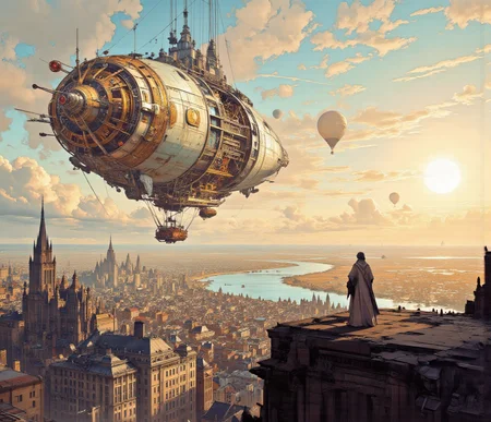 line art drawing anime artwork professional 3d model cinematic film still <lora:lora-10122.TA_trained:1>ancient holograms, glowing control panels, quantum circuits, floating holographic UI, AI-powered constructs, intricate clockwork mechanisms, metallic engraving details..A vast, sprawling cityscape stretches out below, characterised by intricate rooftops and sharp outlines of buildings in varying heights, creating an urban silhouette. These structures seem to cluster tightly together, their faÃ§ades composed of columned terraces, angular designs, and large windows glimmering in the soft light. The atmosphere is suffused with an enchanting golden hue, cast by the setting sun, which looms large on the horizon. Its warm glow blends seamlessly into hues of orange and pale peach, streaked artistically across the sky.
In the foreground, a figure stands confidently on an elevated ledge, observing the panorama. Clad in a long, flowing cloak that billows gently in the breeze, the person is turned slightly away, with a subtle air of contemplation. The shadowy outline of a weapon can be discerned at their side, hinting at a readiness for adventure or confrontation.
Dominating the background is an enormous airborne vessel, reminiscent of a zeppelin yet adorned with futuristic mechanical details. Its spherical shape is complemented by protruding geometric structures, circular ports, and mechanical appendages, all meticulously drawn with a steampunk aesthetic. Suspended by large, thin cables, it hovers majestically, surrounded by the pastel clouds that scatter in the fading light. The vessel appears both imposing and gracefully designed, eliciting curiosity about its purpose.
Reflections of the sunâs glow dance upon the waterway in the distance, where the skyline meets a calm body of water, evoking a sense of serenity amidst the urban bustle. Above, wispy clouds drift aimlessly, merging into the soft blues of the early evening sky, while fine details like the silhouettes of distant towers and smaller balloons provide a rich texture to the overall composition, encapsulating a world that blends the mythical with the mechanical. . shallow depth of field, vignette, highly detailed, high budget, bokeh, cinemascope, moody, epic, gorgeous, film grain, grainy . octane render, highly detailed, volumetric, dramatic lighting . anime style, key visual, vibrant, studio anime,  highly detailed . professional, sleek, modern, minimalist, graphic, line art, vector graphics