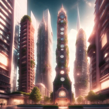 (coralcity style:1) clock tower in the middle of a futuristic city with a lot of tall buildings, a very tall building with a lot of lights on it, lots of plants growing on it's sides <lora:djzCoralCityV21:0.8>