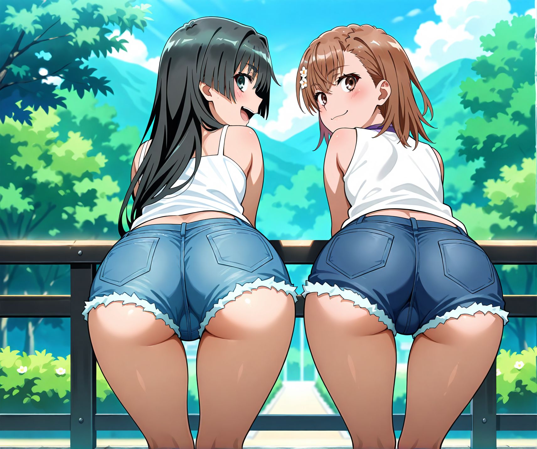 <lora:add-detail-xl:0.5>,,masterpiece,best quality,anime coloring,anime screenshot,
<lora:wedgie:0.5>wedgieV1,
ass,shorts,2girls, jewelry,
smile,butt peek,denim shorts,
looking back, outdoors, cutoffs ,denim shorts, 
(ass hanging out:1.4),anal peek,
BREAK
misaka mikoto, 
Saten Ruiko,  toaru kagaku no railgun, official art, 
20YO, milf, adult ,