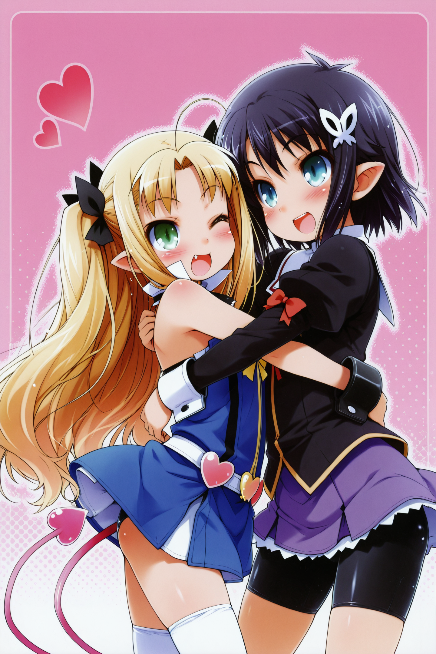 2girls,Astarotte Ygvar,Asuhariet Ygvar,blonde hair,one eye closed,green eyes,bike shorts,twintails,fang,black hair,long hair,thighhighs,blue eyes,short hair,blush,pointy ears,open mouth,wrist cuffs,dress,heart,ahoge,smile,bow,hair ornament,hug,tail,
<lora:Haga yui_illustriousXL:1>,