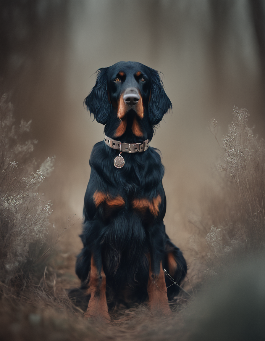 novuschroma74 style gordon setter dog wearing a collar photography with dreamy atmosphere and shallow depth of field <lora:novuschroma74 style:1>