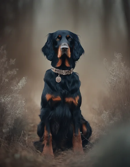 novuschroma74 style gordon setter dog wearing a collar photography with dreamy atmosphere and shallow depth of field <lora:novuschroma74 style:1>