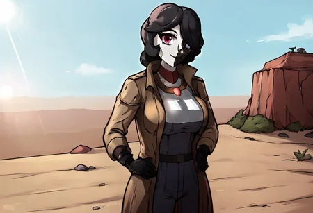 score_9, score_8_up, score_7_up, score_6_up, BREAK, solo, 1girl, Aria, black hair, large breasts, pale skin, white skin, d3sertranger, outdoors, desert, wasteland, scenery, sunlight, day, black gloves , trench coat, breastplate, absurdres, medium hair, hair over one eye, looking at viewer, cute,attractive, eye contact, standing, smirk, anime style, vibrant, studio anime, highly detailed, hands on hips