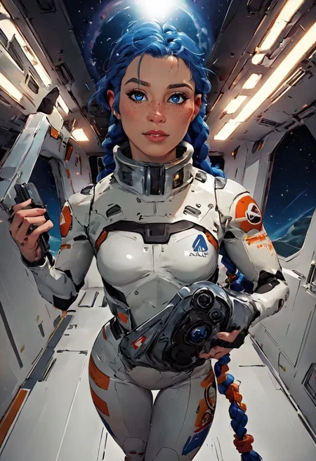 score_9,score_8_up,score_7_up,score_6_up, source_illustration, a cute thin girl with long blue braided hair, blue eyes, fair skin, freckles,wearing a (space suit:1.2), small breasts, tattoos; standing in the corridor of a spaceship, looking directly at the viewer, view from above; dimly lit, dark lighting, volumetric soft light, hazy, intricate details, rating_explicit, nostromostyleai, starship interior, space outside, grungy and worn-down spaceship corridors, no windows, nostromostyleai, m41apls, holding a pulserifle,