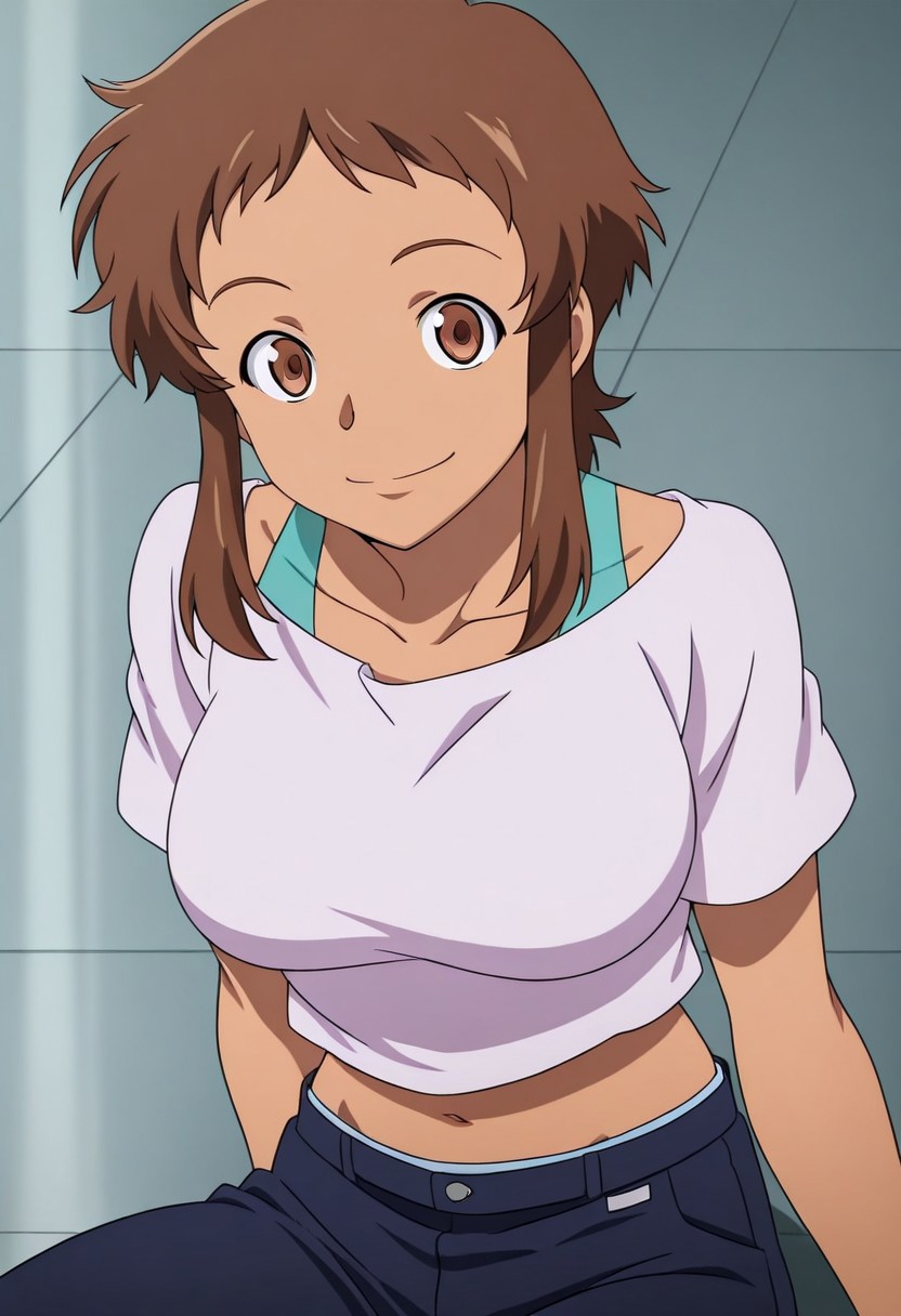 1girl, solo, brown hair, brown eyes, brown eyebrows, looking at viewer, short hair, short hair with long locks, sidelocks, midriff, smile, short hair, light brown skinned body, light skinned female, light brwon skin, anime coloring, blue pants, pants, shirt, white shirt, perfect eyes, perfect eyebrows, navel, midriff, big breasts,