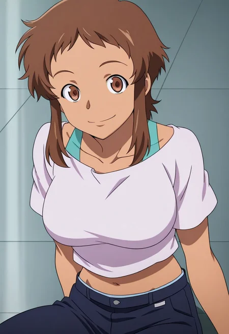 1girl, solo, brown hair, brown eyes, brown eyebrows, looking at viewer, short hair, short hair with long locks, sidelocks, midriff, smile, short hair, light brown skinned body, light skinned female, light brwon skin, anime coloring, blue pants, pants, shirt, white shirt, perfect eyes, perfect eyebrows, navel, midriff, big breasts,