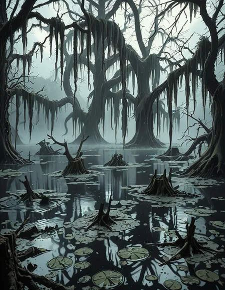 A dark and eerie swamp shrouded in thick mist, with twisted, gnarled trees rising from the murky water. Their bare branches reach out like skeletal fingers, draped in long, hanging moss. The water is still, reflecting the dim, overcast sky, with occasional ripples hinting at unseen movements beneath the surface. In the distance, decaying wooden structures, possibly remnants of an abandoned cabin or pier, are partially submerged and covered in moss. The air feels heavy and damp, filled with an eerie silence except for the occasional distant croak of a frog or the rustling of unseen creatures. Faint, ghostly lights hover above the water, casting an unnatural glow. The atmosphere is ominous and foreboding, evoking a sense of mystery and unease.
<lora:SDXLFaeTastic2400:0.4> <lora:extremely_detailed:0.4> extremely detailed, <lora:0m1n0us_sw4mp_ill:1>,0m1n0us sw4mp, Masterpiece,best quality,hi res,8k,hi res,8k,award winning,(sharp focus, intricate, highly detailed),