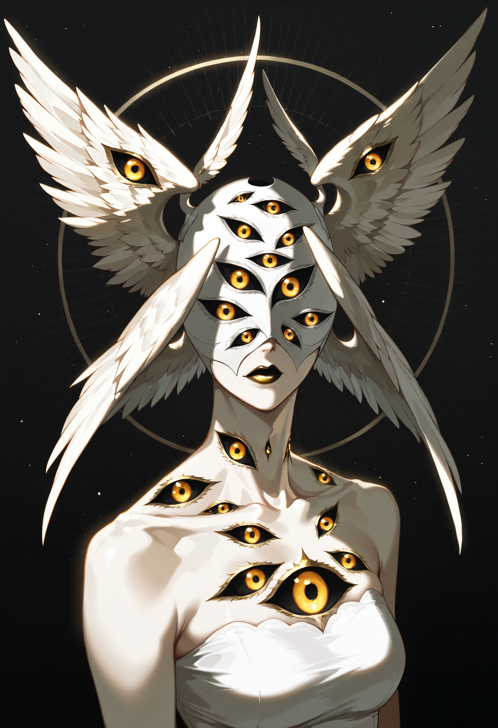 solo, 1girl, baa mask, extra eyes, wings, head wings, covered eyes, colored sclera