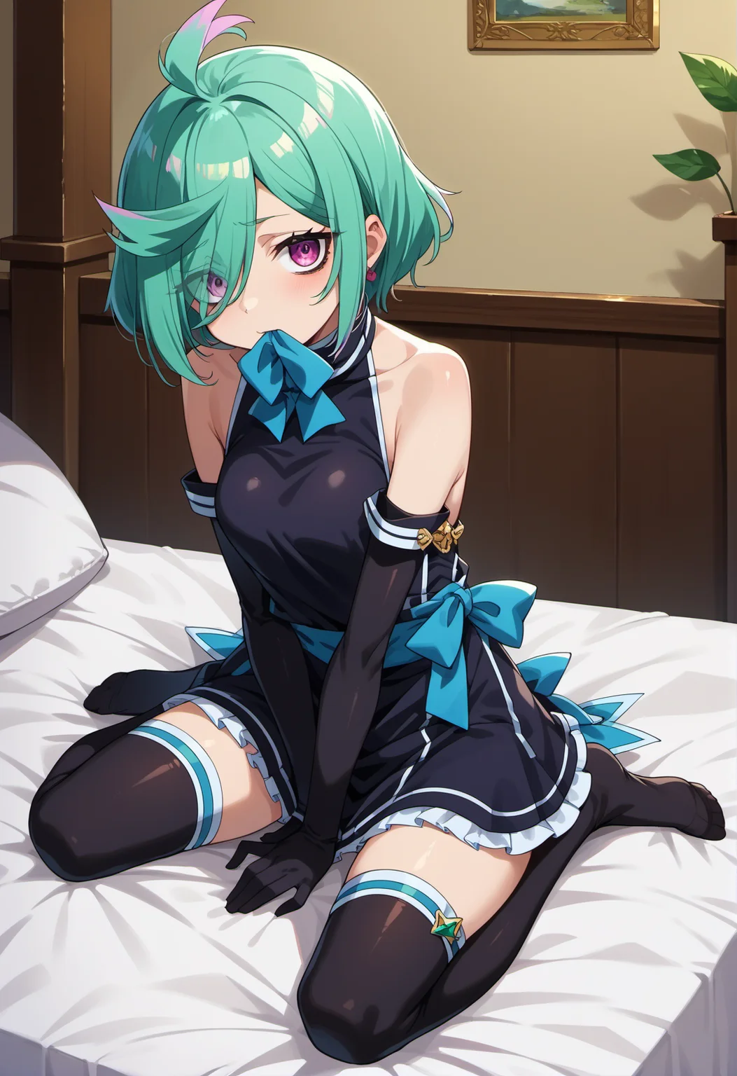 (score_9, score_8_up, score_7_up, score_6_up), source_anime, rating_questionable, BREAK
AnemoNemo, 1girl, thighhighs, solo, dress, gloves, black dress, elbow gloves, black gloves, on bed, hand to own mouth, sitting, two-sided skirt, bed, looking at viewer, black thighhighs, sitting on bed, bare shoulders, sleeveless, hair between eyes, sleeveless dress, wariza, two-sided fabric, breasts, ribbon, hand between legs, no shoes, between legs, indoors, seiza
<lora:GOMG_AnemoNemo_PD6XL_1:0.8>