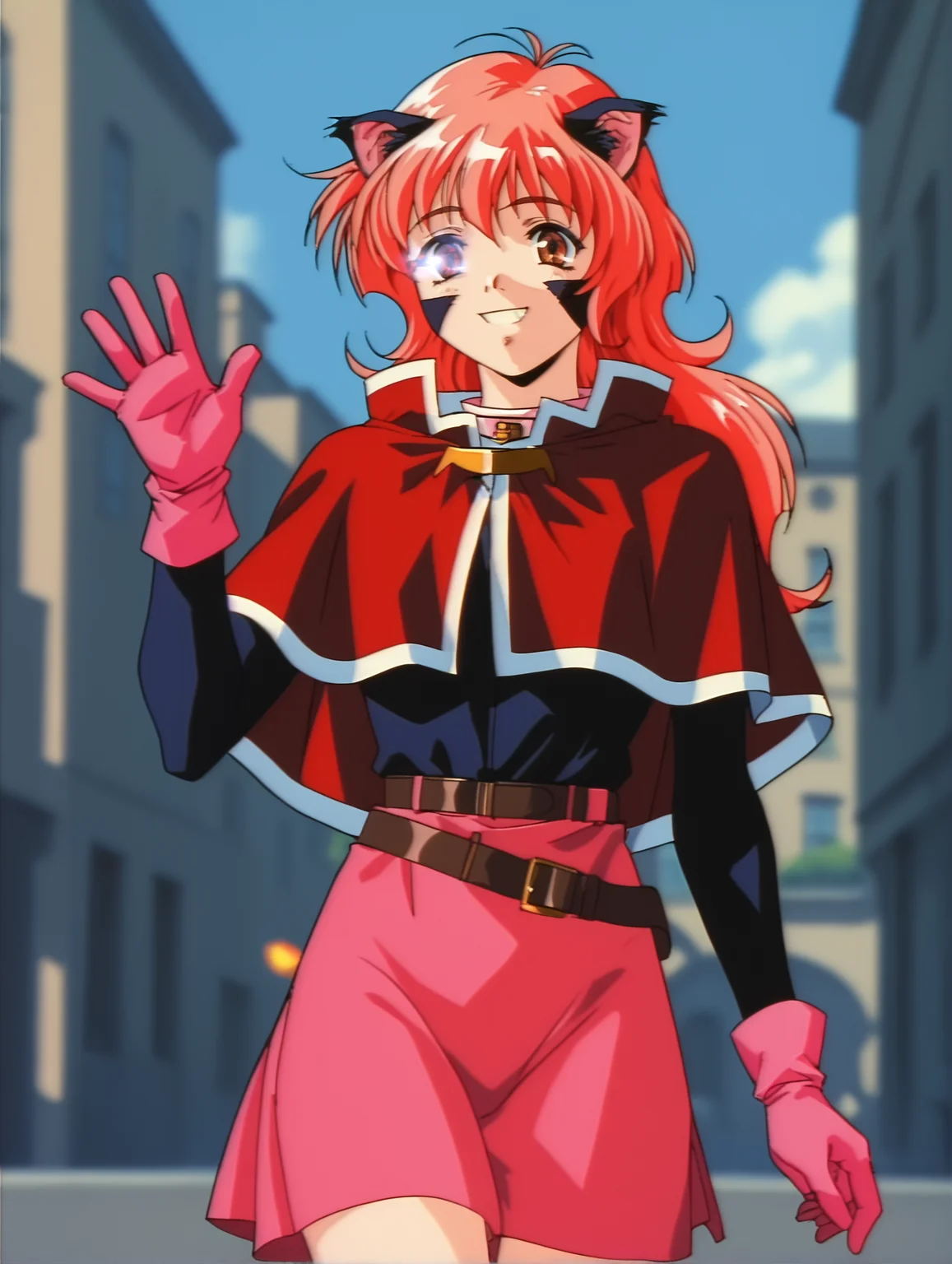 score_9, score_8_up, score_7_up, <lora:words-worth-ponyxl-000009:1> n11na, capelet, pink gloves, belt, pink skirt, 1girl, solo, smile, waving, building, city, cowboy shot
