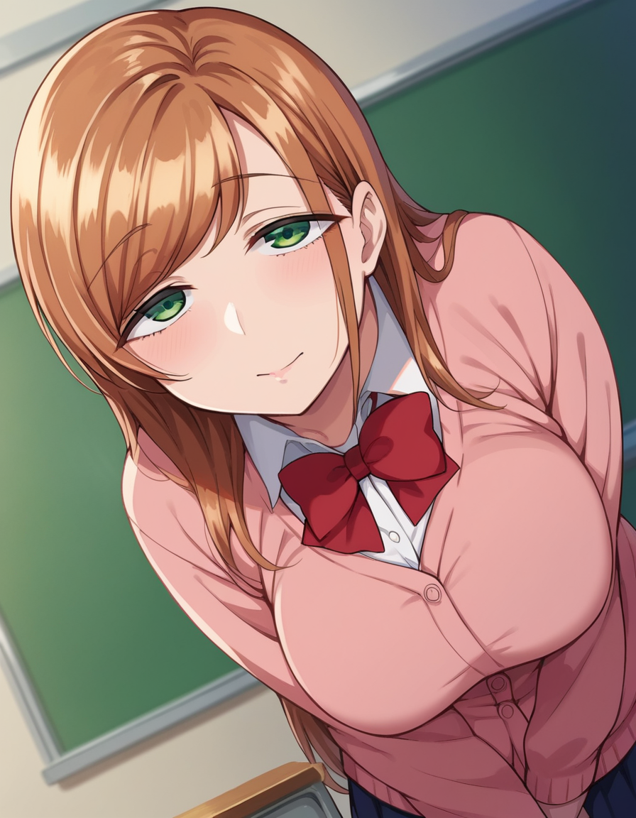 score_9, score_8_up, score_7_up, source_anime,
minakosanada, <lora:minako-sanada-ponyxl-lora-nochekaiser:1>
minako sanada, long hair, brown hair, green eyes, mature female,
long sleeves, bow, school uniform, bowtie, red bow, cardigan, pink cardigan,
indoors, classroom, bent over,
looking at viewer, dutch angle, cowboy shot,