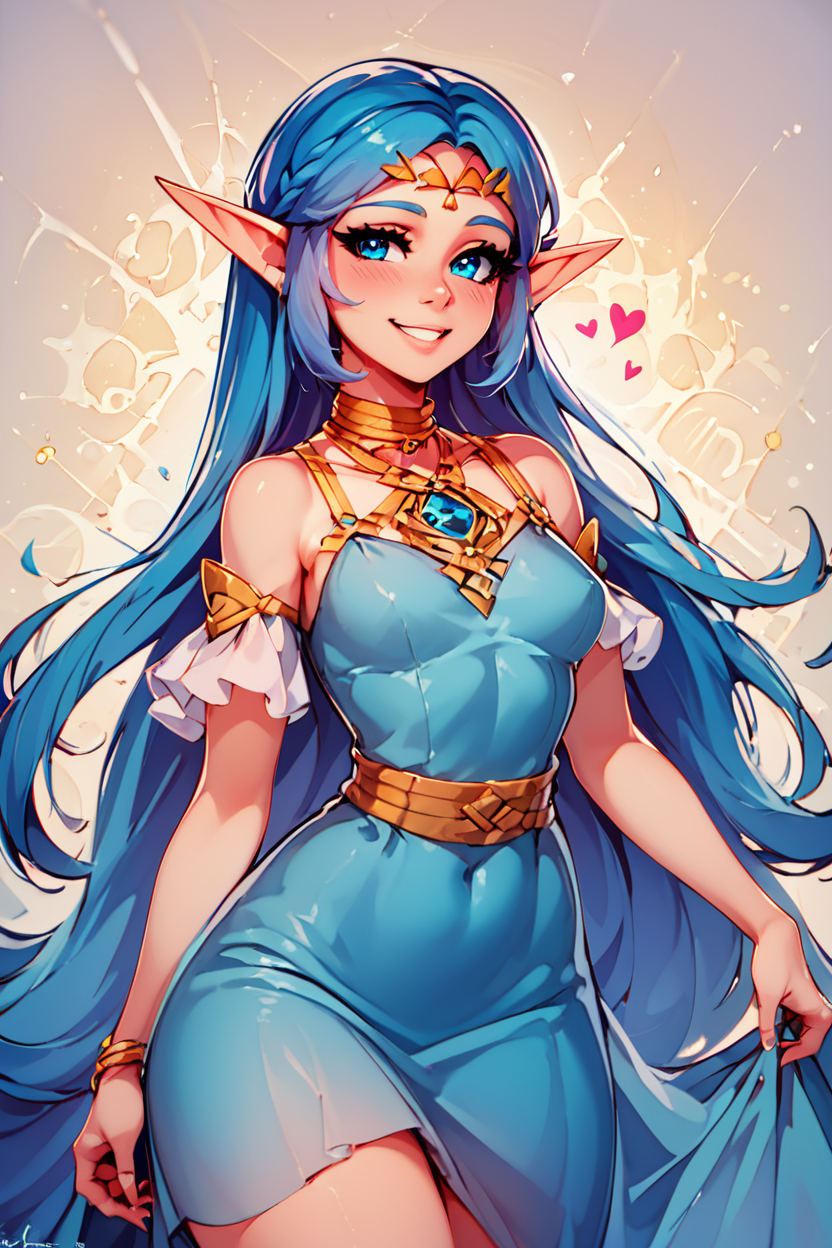 score_9, score_8_up, score_8, medium breasts, (curvy), cute, eyelashes,       BREAK, , <lora:NayruZelda_PDXL_epoch02:0.8>,  zzNayru, blue hair, dress, bare shoulders, jewelry, very long hair, blue dress, elf, circlet, BREAK, smile, looking at viewer,  abstract background, white outline, cowboy shot, embedding:zPDXL, Expressiveh, <lora:CatalystStylePDXL:0.6>,  <lora:SDXLFaeTastic2400:0.5>,  <lora:Expressive_H-000001:0.4>,