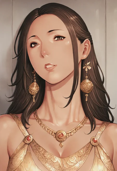 score_9, score_8_up, score_7_up, 1girl, mature_female, large_breasts, portrait, solo, Pretending to skip rope, atmospheric_perspective, (Gold miko), Dark Brown hair, cropped_shoulders, rating_safe, <lora:pony\artist_styles\takasugi_kou_pony:1.0>