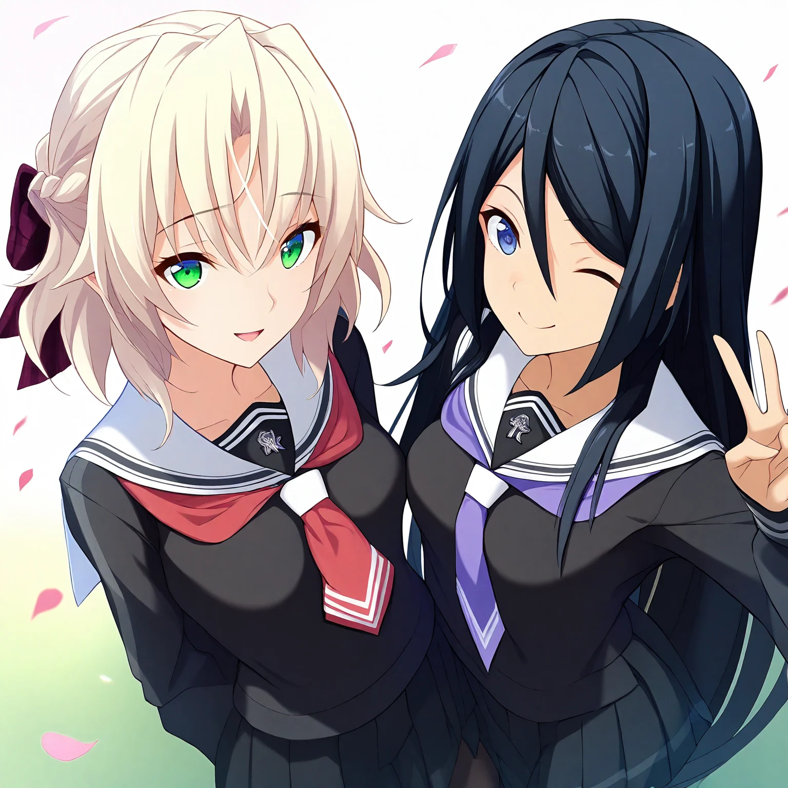 2girls,multiple girls,simple background,white background,smile,masterpiece,best quality,very aesthetic,absurdres,cowboy shot,upper body,close up,looking at viewer,smile,petals,falling petals,(illustration:1.2),(extremely fine and beautiful),(perfect details),(unity CG 8K wallpaper:1.05),(ray tracing),(beautiful and clear background:1.25),(depth of field:0.6),(beautiful face:1.2),black skirt,pantyhose,
BREAK
1girl,noelle,memories off 8,rinshoji school uniform,schoolnoelle,red neckerchief,open mouth,
BREAK
1girl,mizuhak,memories off 8,rinshoji school uniform,purple neckerchief,schoolmizuhak,v,one eye closed,<lora:MemoriesOff8AIOK:0.8>,
