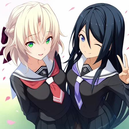 2girls,multiple girls,simple background,white background,smile,masterpiece,best quality,very aesthetic,absurdres,cowboy shot,upper body,close up,looking at viewer,smile,petals,falling petals,(illustration:1.2),(extremely fine and beautiful),(perfect details),(unity CG 8K wallpaper:1.05),(ray tracing),(beautiful and clear background:1.25),(depth of field:0.6),(beautiful face:1.2),black skirt,pantyhose,
BREAK
1girl,noelle,memories off 8,rinshoji school uniform,schoolnoelle,red neckerchief,open mouth,
BREAK
1girl,mizuhak,memories off 8,rinshoji school uniform,purple neckerchief,schoolmizuhak,v,one eye closed,<lora:MemoriesOff8AIOK:0.8>,
