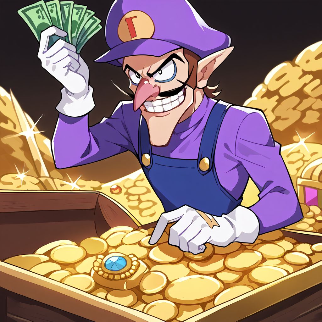 score_9, score_8_up, score_7_up, source_anime, rating_safe, SFW, solo, masterpiece, very aesthetic, absurdres, recent, anime screenshot, flat coloring, BREAK <lora:ChamWaluigiPonyXL:0.8> waluigi, mustache, 1boy, teeth, hat, gloves, brown hair, pointy ears, white gloves, overalls, smile, long sleeves, purple headwear, grin, open mouth, purple shirt, pants, sitting on a treasure chest holding money, <lora:gangstersb-guy-PONYv1:0.65> gangstersb, holding, money, holding money, <lora:treasure xl v1:0.65> treasure-room, treasure chest