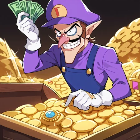score_9, score_8_up, score_7_up, source_anime, rating_safe, SFW, solo, masterpiece, very aesthetic, absurdres, recent, anime screenshot, flat coloring, BREAK <lora:ChamWaluigiPonyXL:0.8> waluigi, mustache, 1boy, teeth, hat, gloves, brown hair, pointy ears, white gloves, overalls, smile, long sleeves, purple headwear, grin, open mouth, purple shirt, pants, sitting on a treasure chest holding money, <lora:gangstersb-guy-PONYv1:0.65> gangstersb, holding, money, holding money, <lora:treasure xl v1:0.65> treasure-room, treasure chest