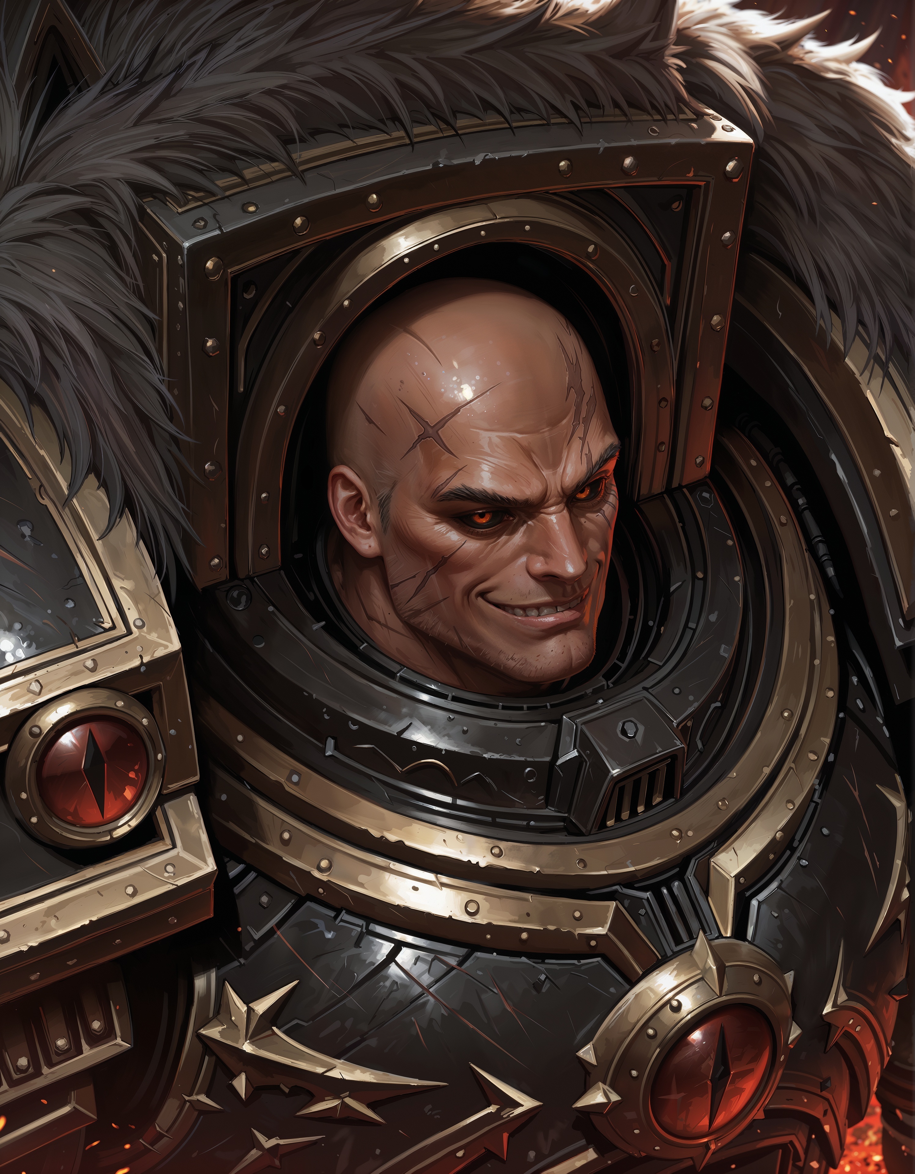 masterpiece, best quality,high quality, newest, highres,8K,HDR,absurdres, iLLHorusL40K, 1boy, solo, power armor, chaos, black sclera, evil, smile, scars, close up, dutch angle, from_side,from_above, photorealistic  <lora:iLLHorusL40K:1>