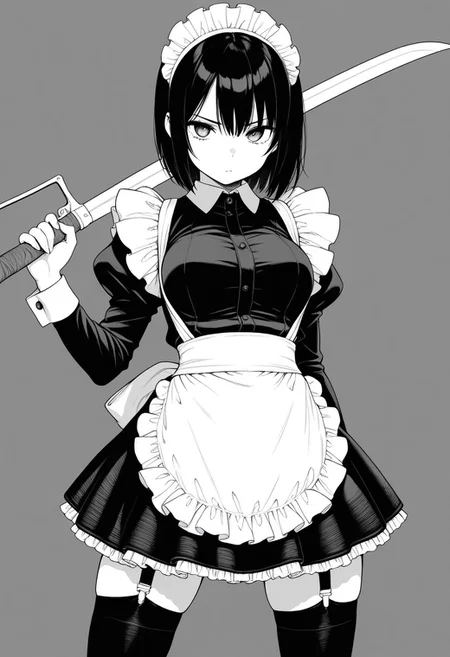 manga,lineart,monochrome,
1girl,solo,black thighhighs,suspenders,weapon,maid,holding,frills,apron,holding weapon,
,masterpiece,best quality,amazing quality,